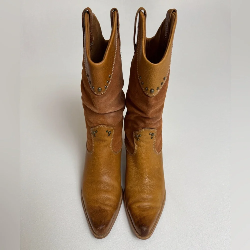 Vintage Y2K Bass Western Brown Leather Studded Boots Size 7.5 - Picture 2 of 14